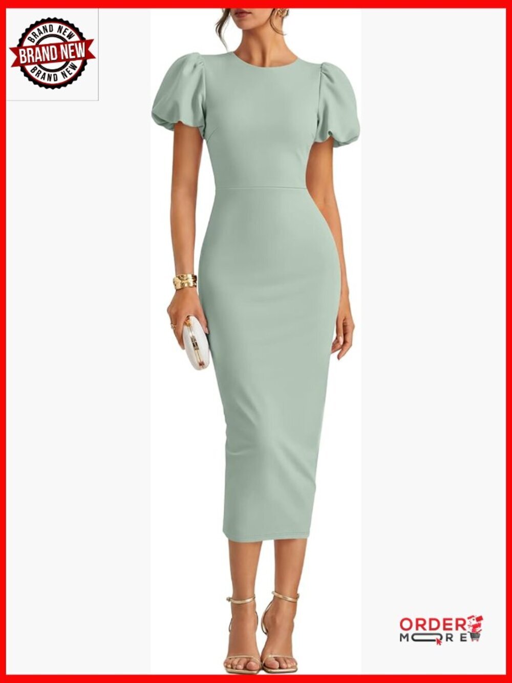 Elegant Midi Bodycon Dress Back Zipper Puff Sleeve